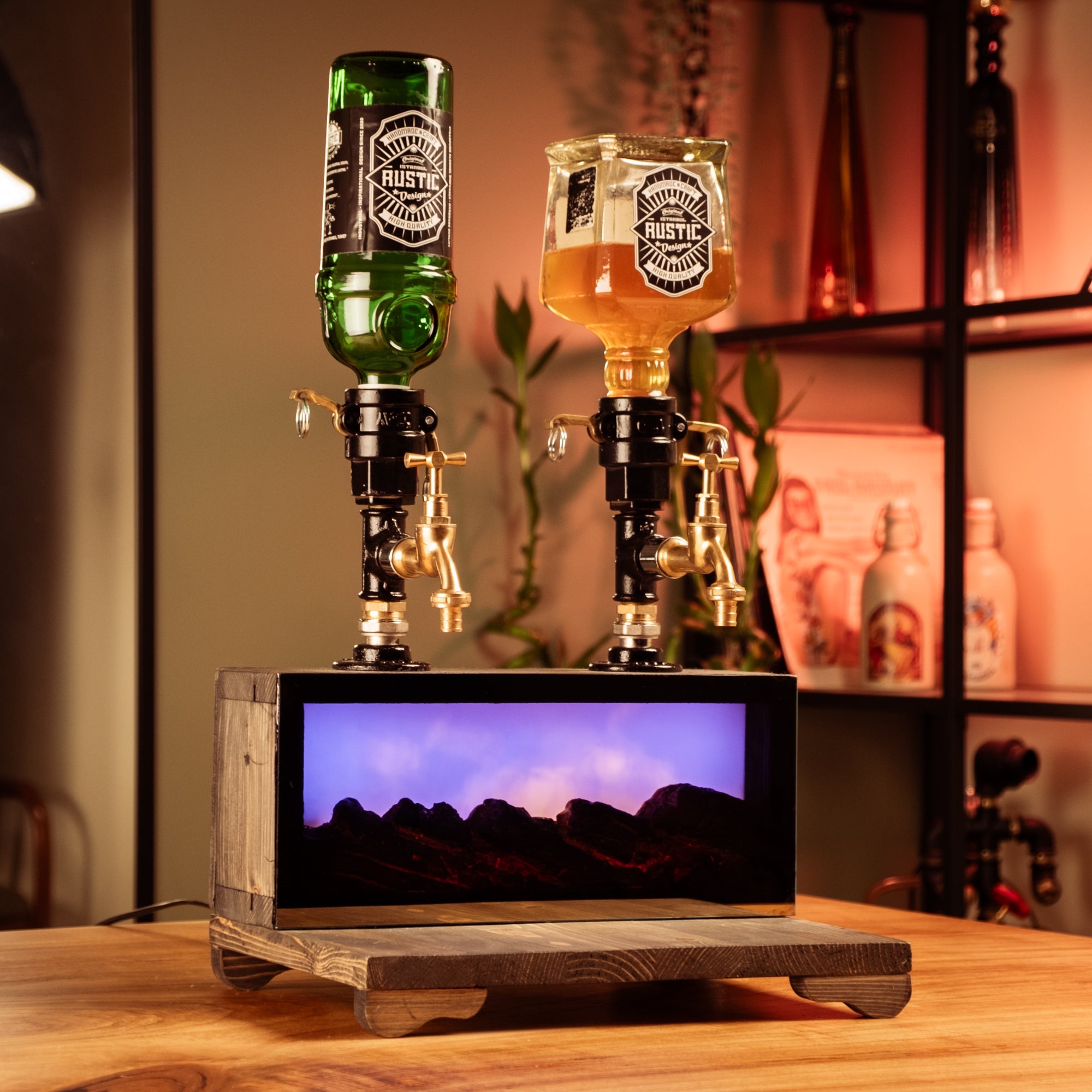 şömine ürünü mor, mavi ledli şömine görünümü